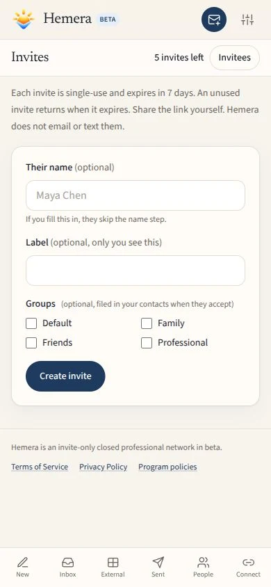 Actual Hemera.email Invites screen for inviting a new member to join Hemera